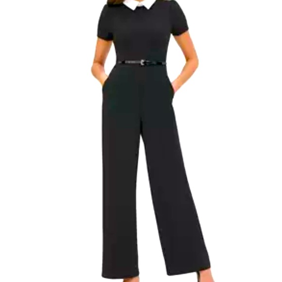 Collard Crepe Jumpsuit, Black, Flare Leg - Picture 1 of 8